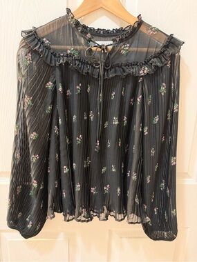 Topshop Oakland Floral Embellished Pleated Blouse Womens 4 Black
